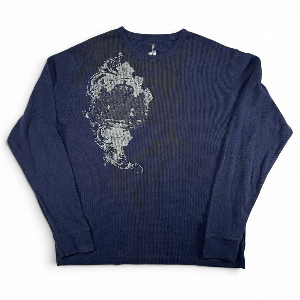J.Ferrar Men's XL Navy Blue Graphic Crest Waffle Knit Thermal Long Sleeve Shirt
